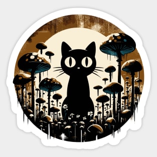 Funny Retro Black Cat in Mushroom Garden Sticker